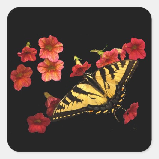 Tiger Swallowtail Butterfly op Red Flowers Vierkante Sticker (Voorkant)