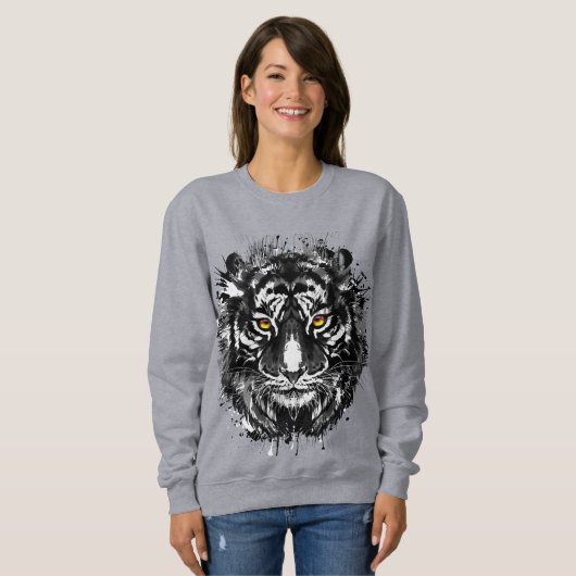 Tiger Sweatshirt | Tekening van zwarte en witte ti (Voorkant volledig)