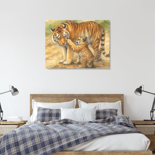 Tiger Tenderness - ouder en welp in het bos Canvas Afdruk (Insitu (Slaapkamer))