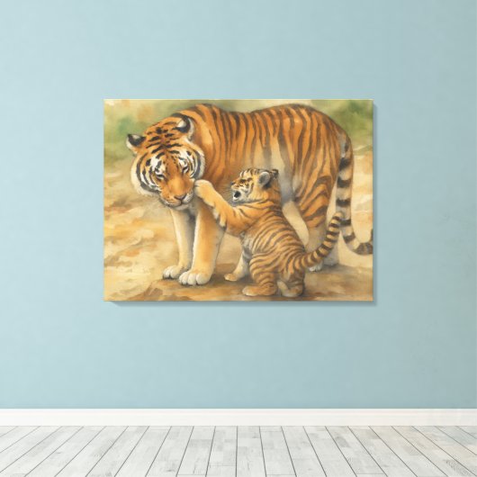 Tiger Tenderness - ouder en welp in het bos Canvas Afdruk (Insitu (Houten vloer))
