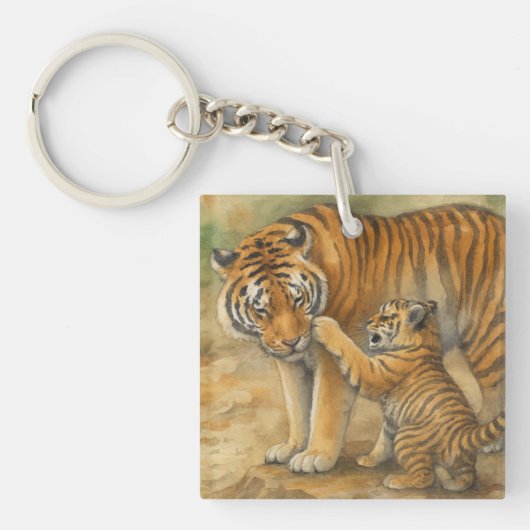 Tiger Tenderness - ouder en welp in het bos Sleutelhanger (voorkant)