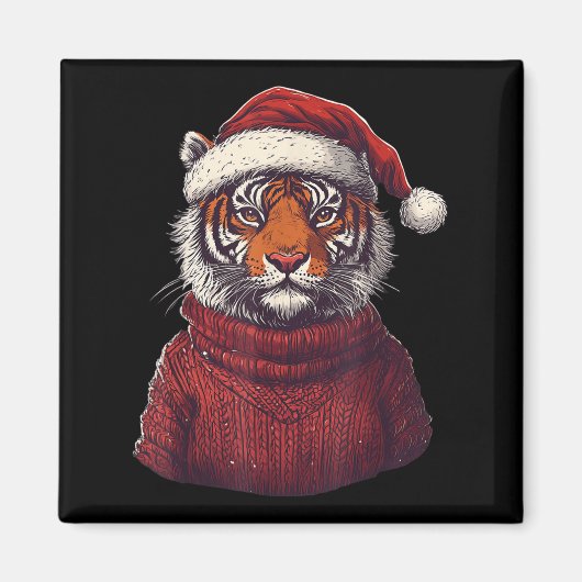 Tiger Ugly Sweater Kerstman Hoed Kerstmis Magneet (Voorkant)