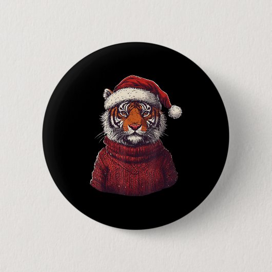 Tiger Ugly Sweater Kerstman Hoed Kerstmis Ronde Button 5,7 Cm (Voorkant)