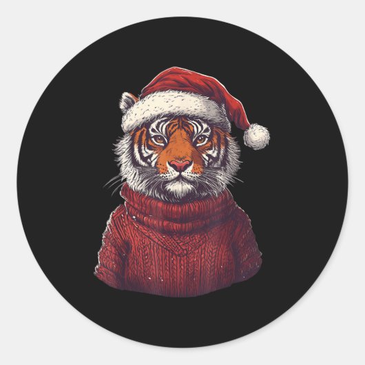 Tiger Ugly Sweater Kerstman Hoed Kerstmis Ronde Sticker (Voorkant)