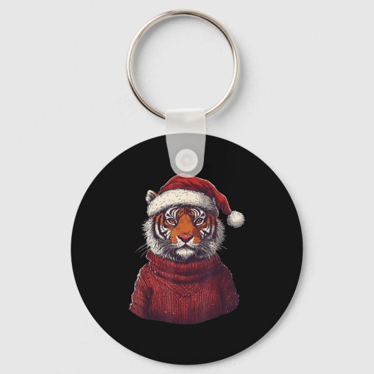 Tiger Ugly Sweater Kerstman Hoed Kerstmis Sleutelhanger (Voorkant)