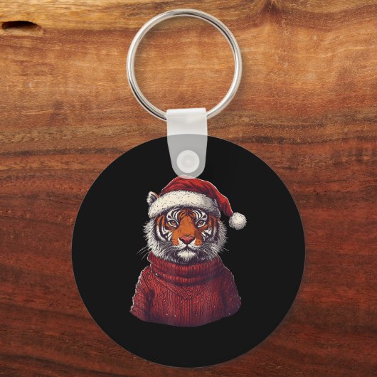 Tiger Ugly Sweater Kerstman Hoed Kerstmis Sleutelhanger (Voorkant)