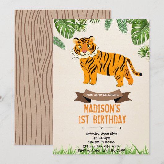 Tiger verjaardagsdouche uitnodiging (Voorkant / Achterkant)