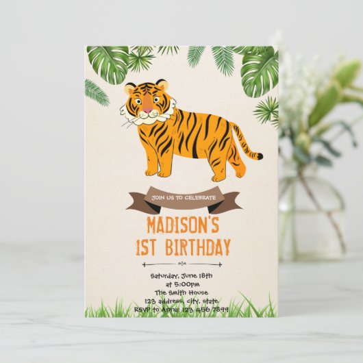 Tiger verjaardagsdouche uitnodiging (Staand voorkant)
