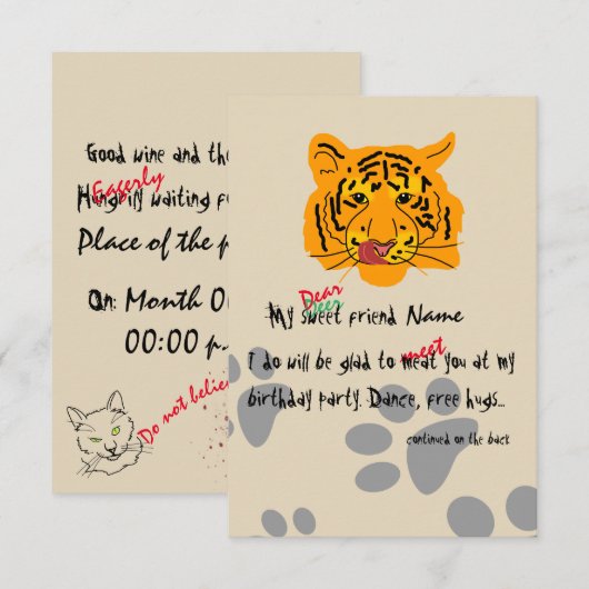 Tiger verjaardagsfeestje  kaart (Voorkant / Achterkant)