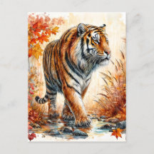 Tiger Walking in de herfst Waterverf