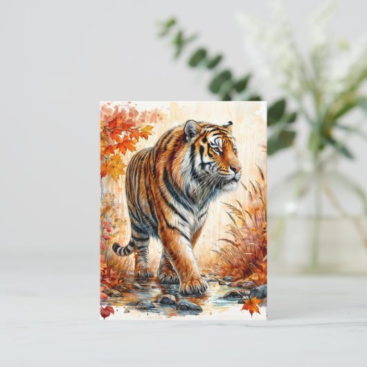 Tiger Walking in de herfst Waterverf Briefkaart (Staand voorkant)