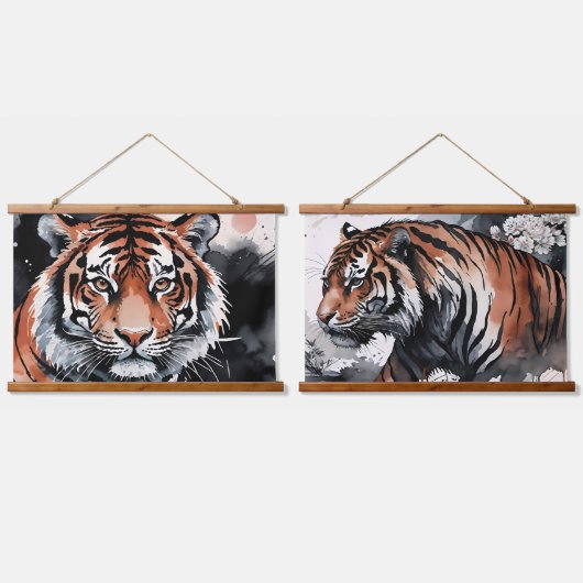 Tiger Waterverf Grunge Hangend Wandkleed (Dubbel)