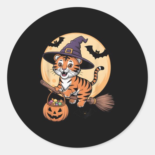 Tiger Witch Pet Pompoen Halloween Kostuum Mannen V Ronde Sticker (Voorkant)