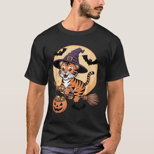 Tiger Witch Pet Pompoen Halloween Kostuum Mannen V T-shirt (Voorkant)