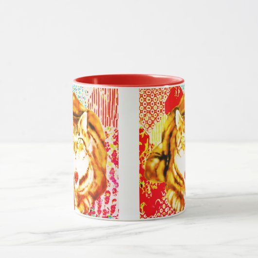 Tiger Yellow Cat Red Whimsical Background Mug Mok (Midden)