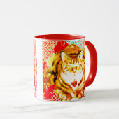 Tiger Yellow Cat Red Whimsical Background Mug Mok (Voorkant rechts)