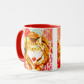 Tiger Yellow Cat Red Whimsical Background Mug Mok (Voorkant links)