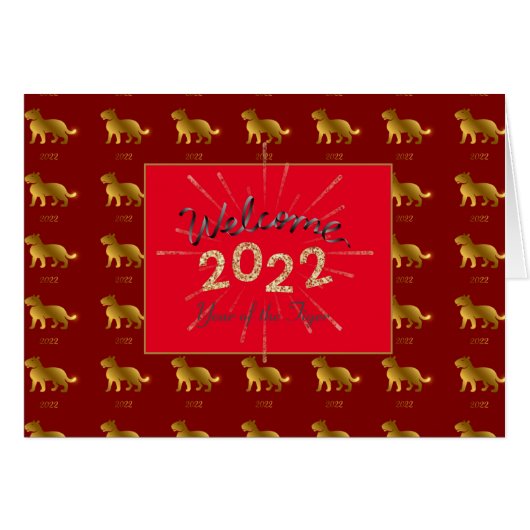 Tiger Zodiac Welcome 2022 Custom Gold Glitter Kaar (Voorkant Horizontaal)