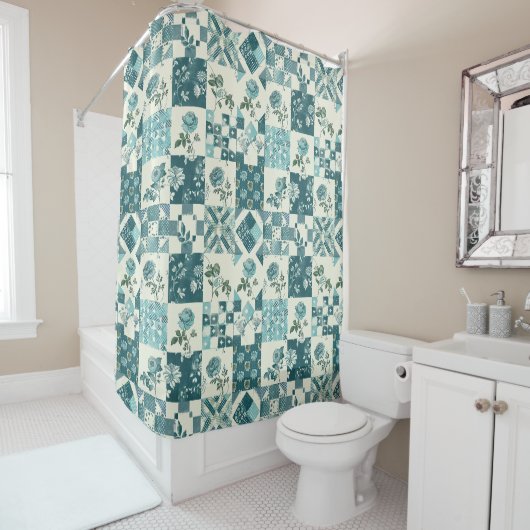 Tigeregroene Patchwork Quilt Rustieke Bloemen Retr Douchegordijn (In situ)