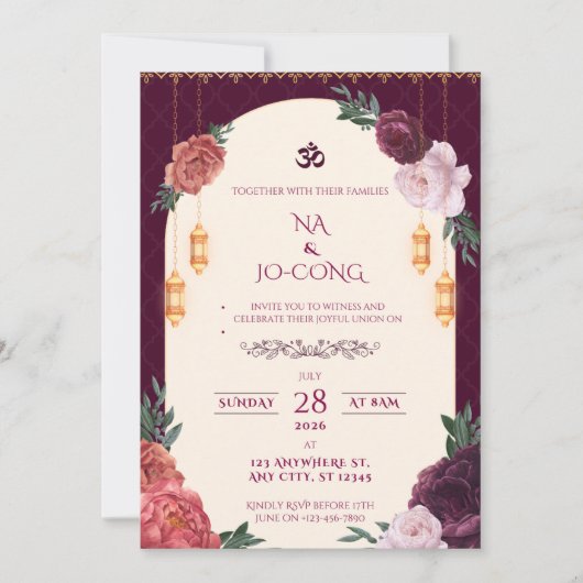 TigerNa Crimson Floral Wedding Invitation Kaart (Voorkant)
