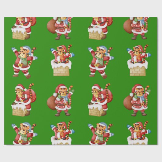 Tigers als kerstman herhalend patroonontwerp cadeaupapier (Vlak)