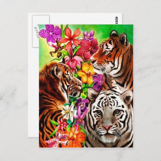 Tigers and Flowers Beauful Oerwoud Artwork Briefkaart (Voorkant / Achterkant)