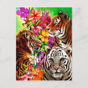 Tigers and Flowers Beauful Oerwoud Artwork Briefkaart