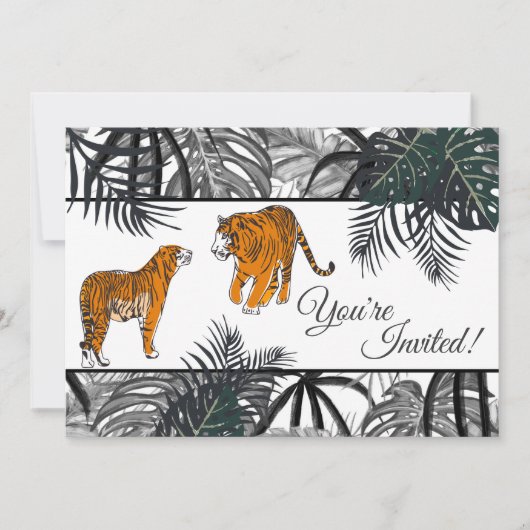 Tigers en Palm Fronds Tropische Oerwoud bruiloft Kaart (Voorkant)