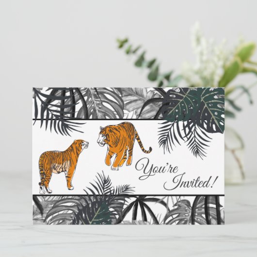 Tigers en Palm Fronds Tropische Oerwoud bruiloft Kaart (Staand voorkant)