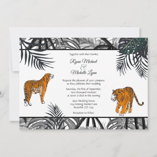 Tigers en Palm Fronds Tropische Oerwoud bruiloft Kaart (Achterkant)