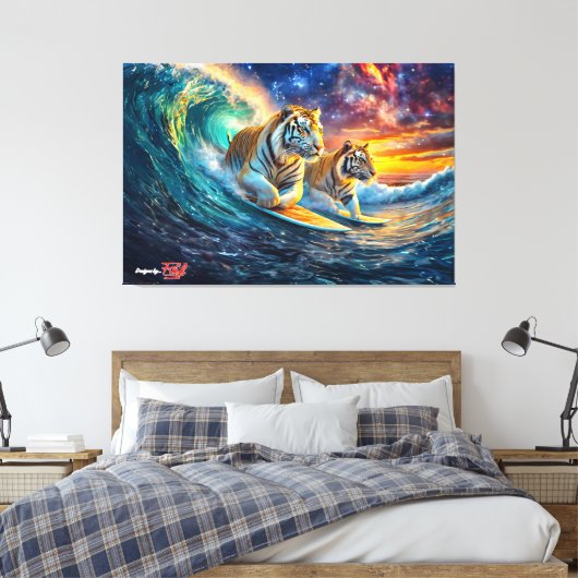 Tigers Surfing Space Design van Rich AMeN Gill Canvas Afdruk (Insitu (Slaapkamer))