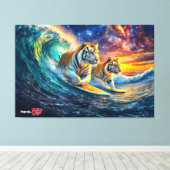 Tigers Surfing Space Design van Rich AMeN Gill Canvas Afdruk (Insitu (Houten vloer))
