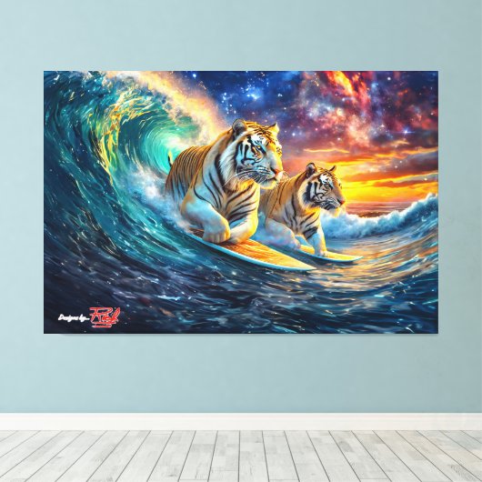 Tigers Surfing Space Design van Rich AMeN Gill Canvas Afdruk (Insitu (Houten vloer))