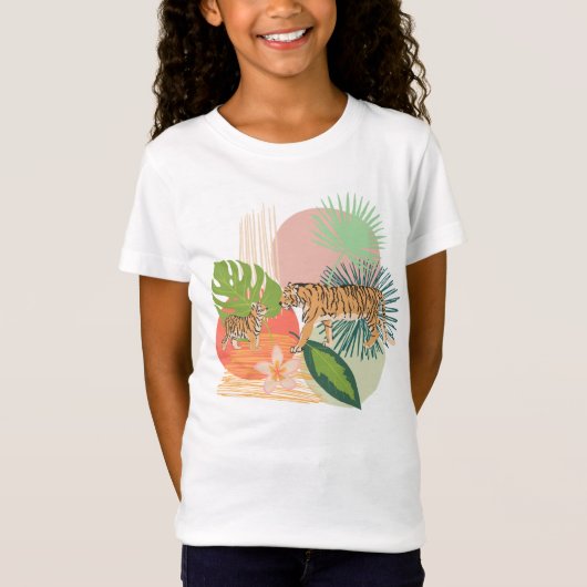 Tigers Tropical Flowers afdrukken Abstracte kunst T-shirt (Voorkant)