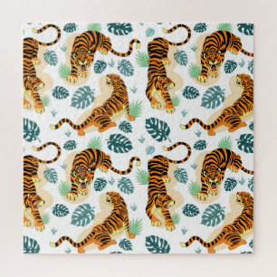 Tigers Tropische bladeren: illustratie. Legpuzzel