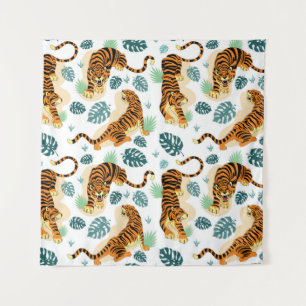 Tigers Tropische bladeren: illustratie. Wandkleed