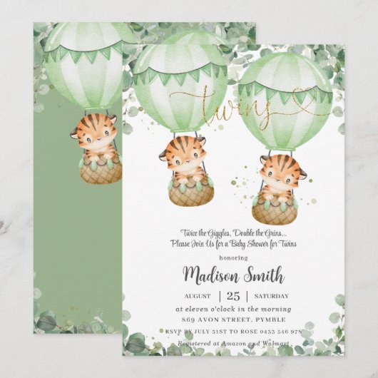 Tigers Twins Greenery Gender Neutral Baby shower Kaart (Voorkant / Achterkant)