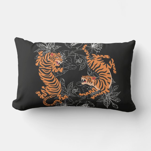 Tigers zwarte achtergrond Japanse kunststijl Buitenkussen (Voorkant)