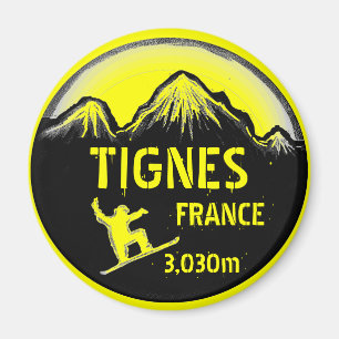 Tignes France yellow snowboard art magnet