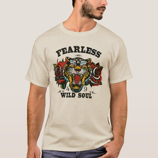Tigre tattoo old school fleur fearless wild soul t-shirt (Voorkant)