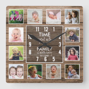 Tijd doorgebracht met familieregel 12 fotocollage vierkante klok