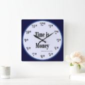 Tijd is Geldklok - Blauw gezicht met zwarte tekst Vierkante Klok (Huis)