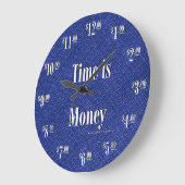 Tijd is Money Clock - White text on blue texture Grote Klok (Hoek)
