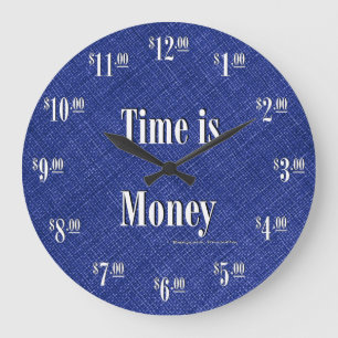 Tijd is Money Clock - White text on blue texture Grote Klok