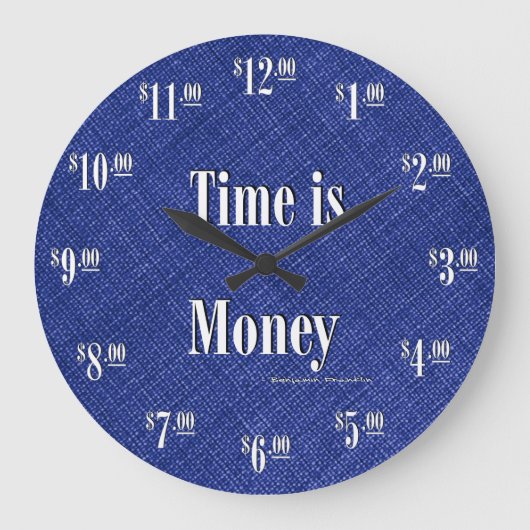 Tijd is Money Clock - White text on blue texture Grote Klok (Voorkant)
