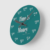 Tijd is Money Clock - White text on green Ronde Klok (Hoek)