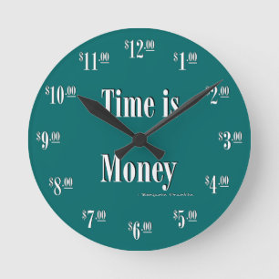 Tijd is Money Clock - White text on green Ronde Klok