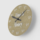 Tijd is Money Clock - White text on taupe texture Ronde Klok (Hoek)