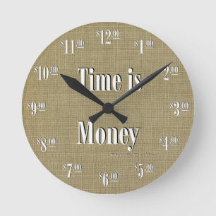Tijd is Money Clock - White text on taupe texture Ronde Klok