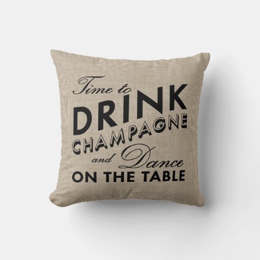 Tijd om Champagne Burlap en Black Pillow te Drinke Kussen (Voorkant)
